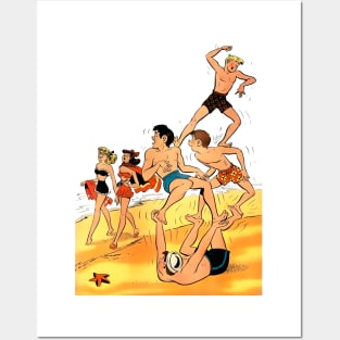 sporty boys playing on the beach by the sea see two beautiful pin up girls Posters and Art